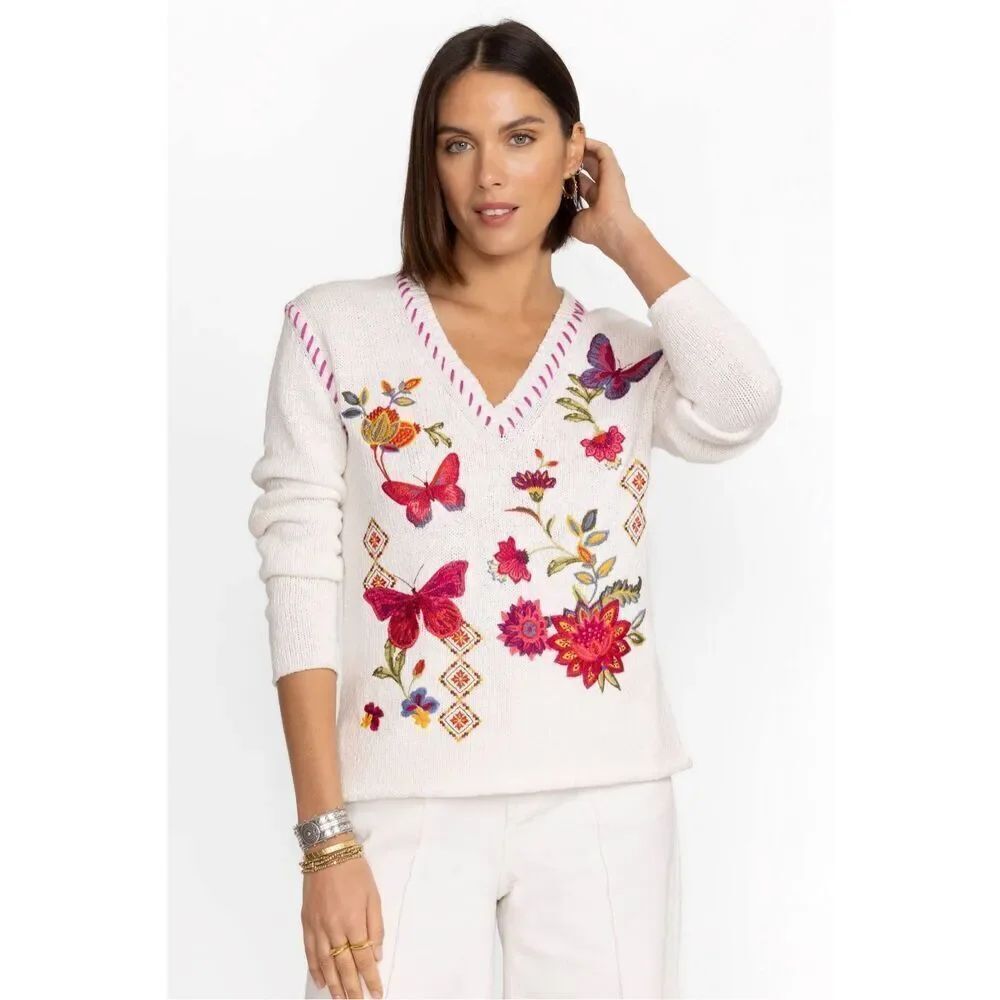 Johhny Was The V-Neck Whipstitch Pullover floral 100% cotton size XL NWT